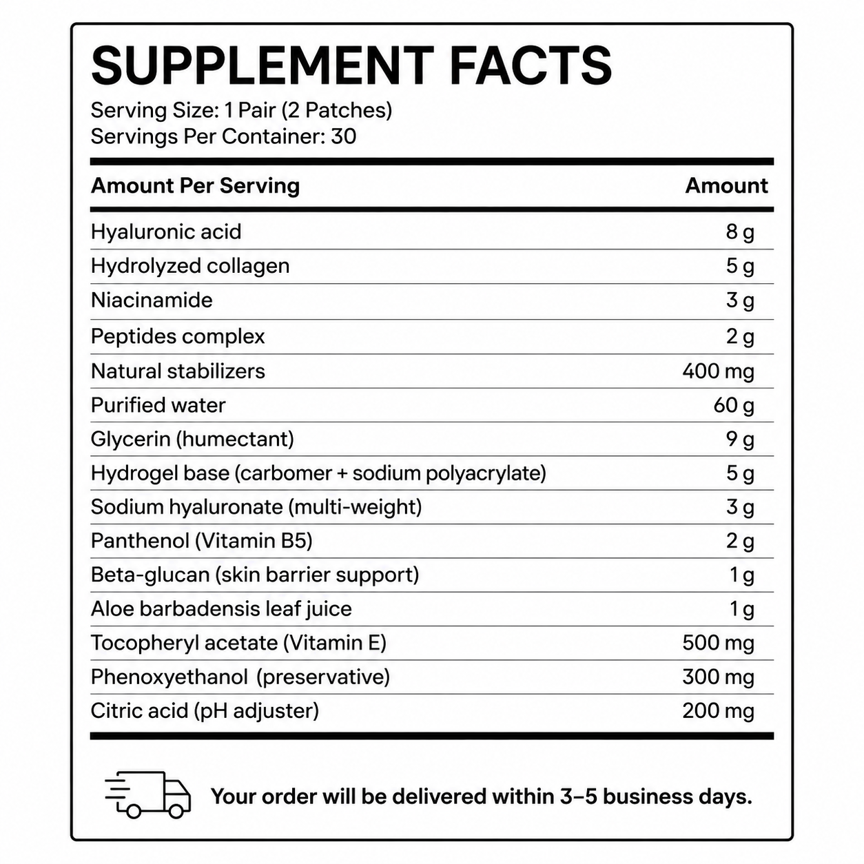 HydroGlow Eye Patches — Supplement Facts