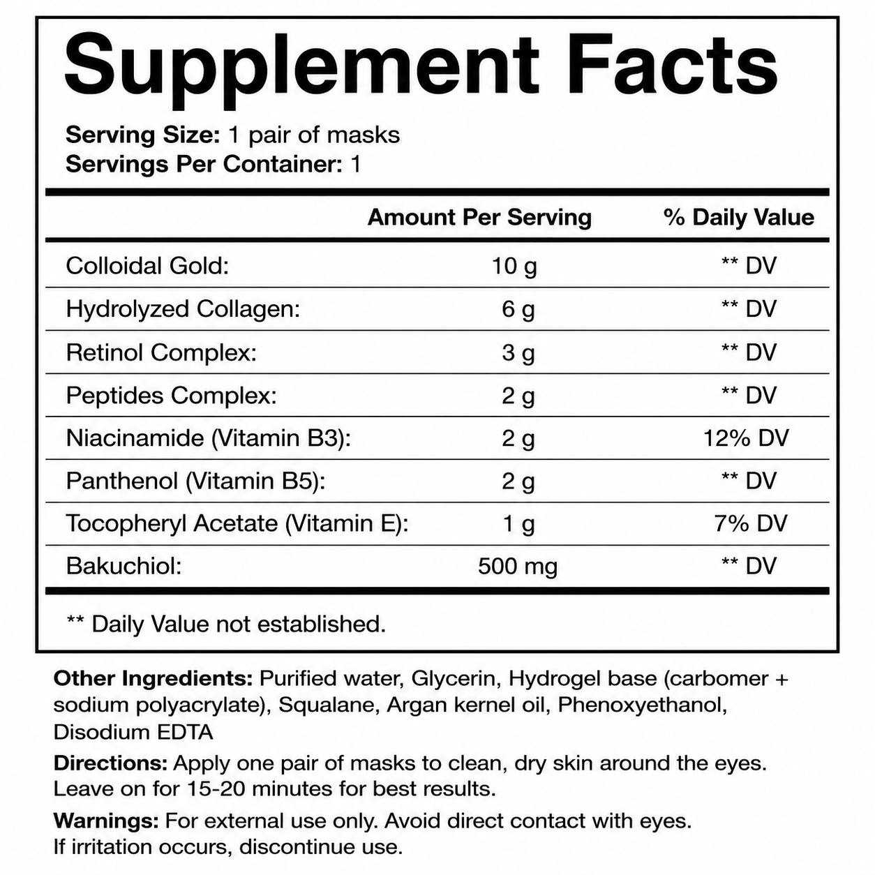 Gold Lift Firming Eye Mask — Supplement Facts