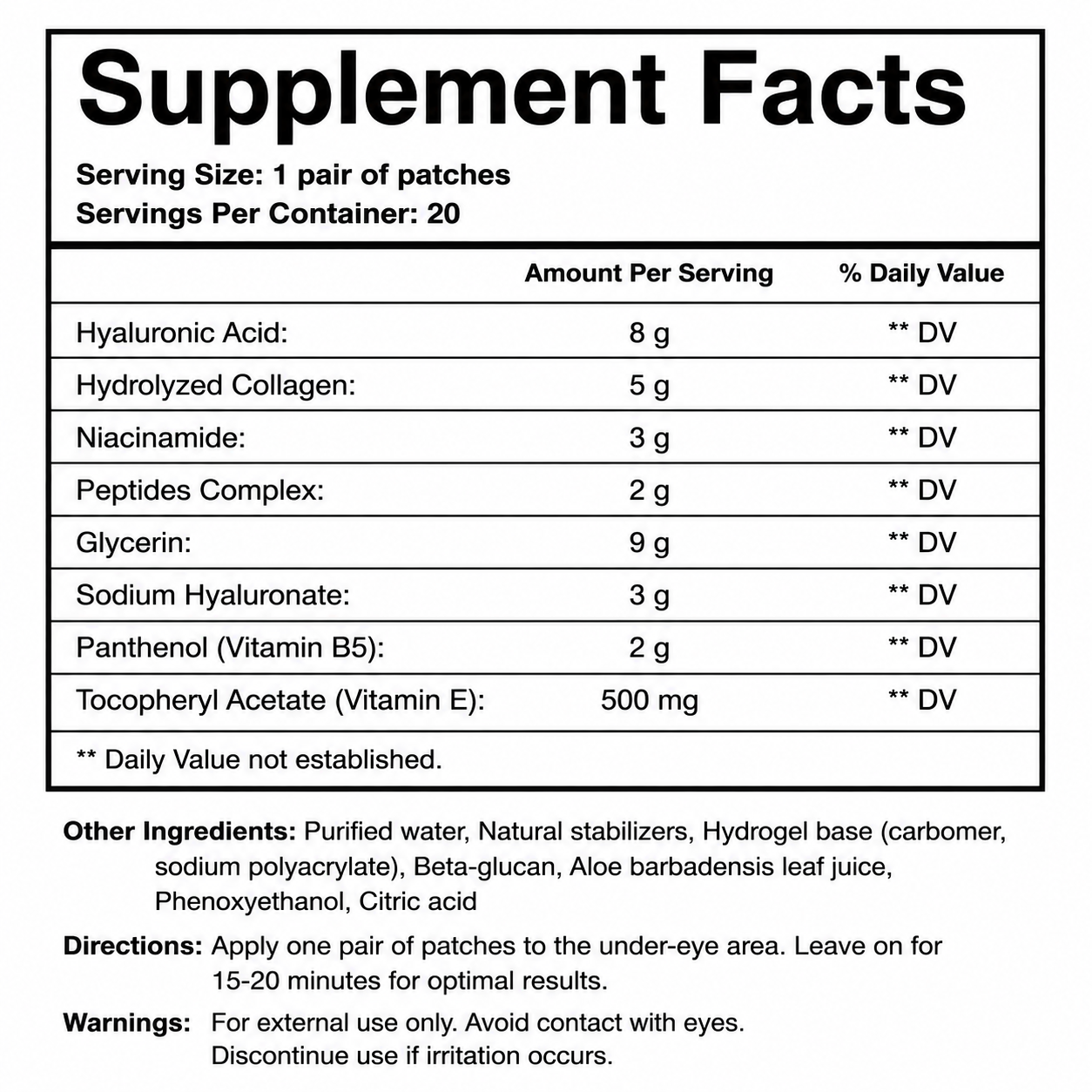 HydroGlow Eye Patches — Supplement Facts