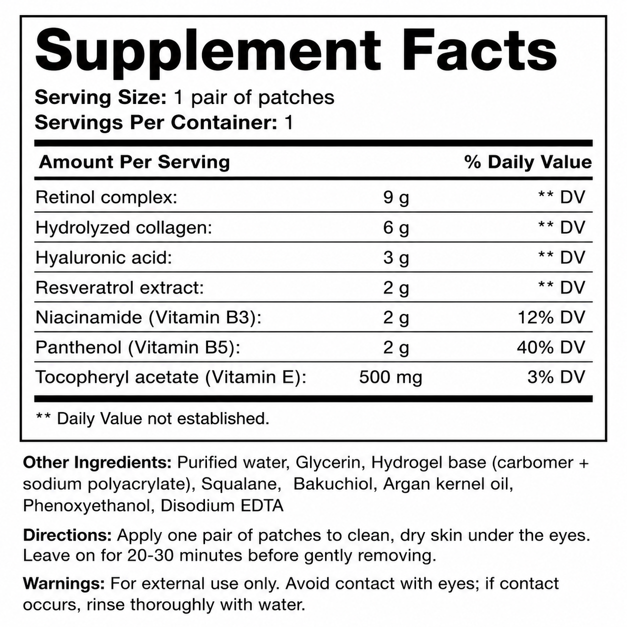 Overnight Repair Eye Patches — Supplement Facts