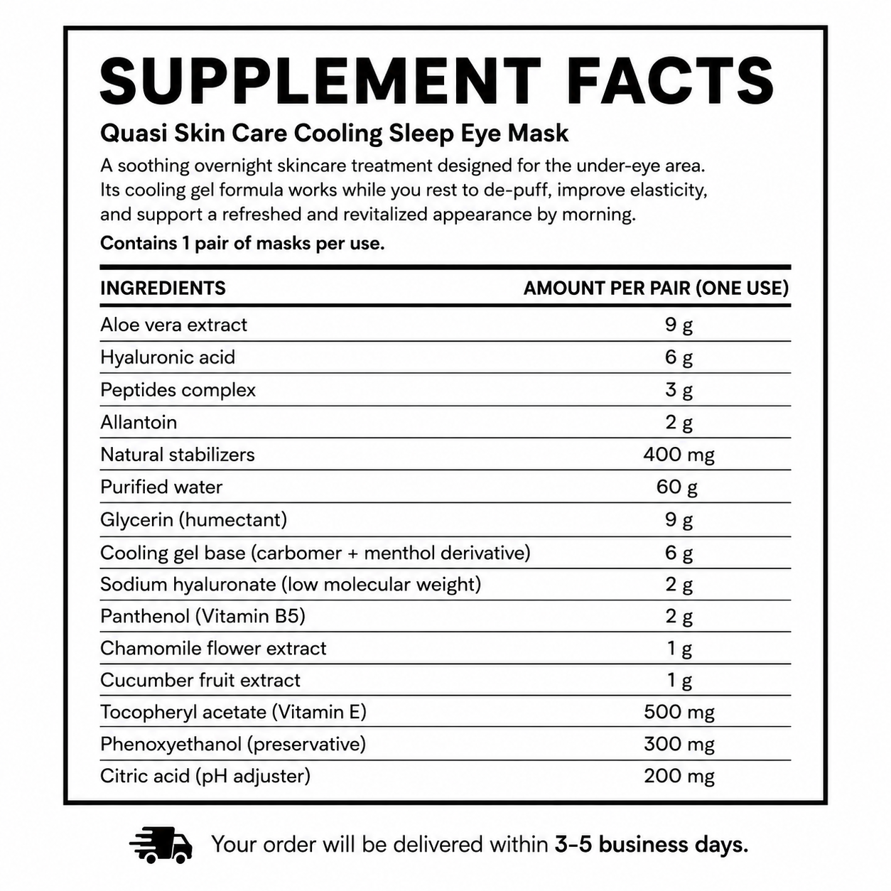 Cooling Sleep Eye Mask — Supplement Facts