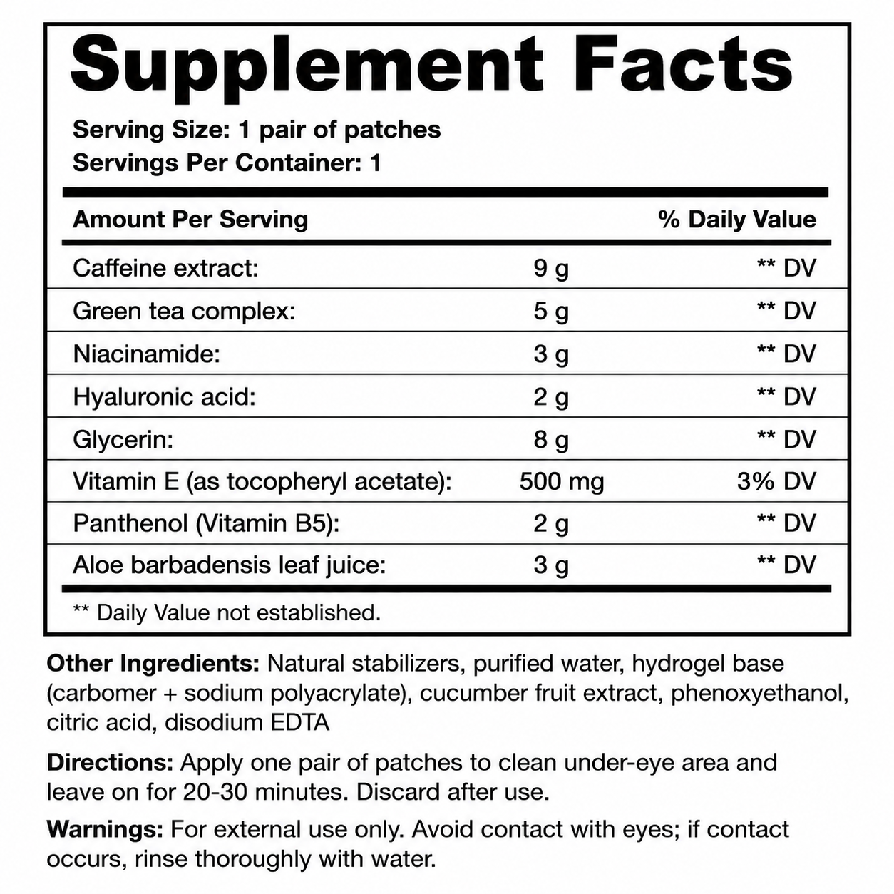 Caffeine Boost Eye Patches — Supplement Facts